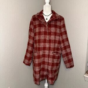 Old Navy Pea Coat Women’s Medium Red White Plaid Wool Blend Pockets Zip Front